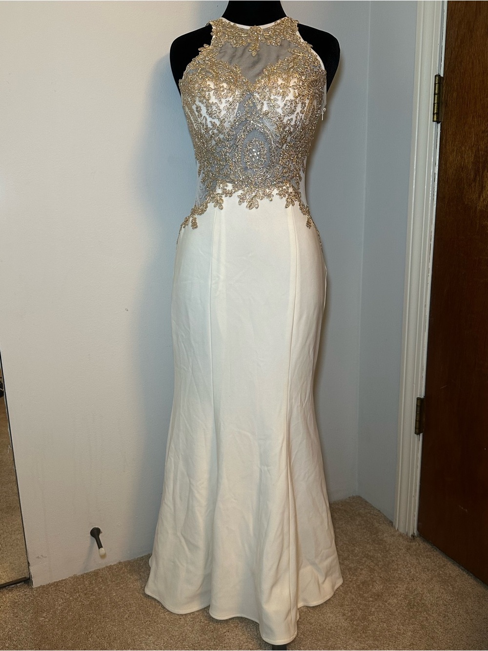 Illusion Halter Ivory Gown with Gold Embellished Bodice